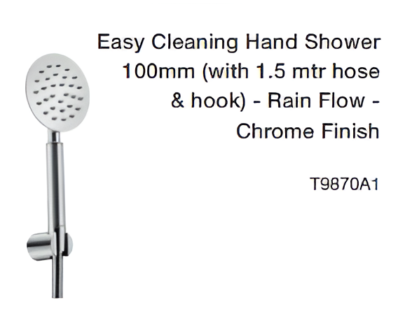 easy cleaning hand shower 100mm (with 1.5 mtr hose & hook) rain flow chrome finish