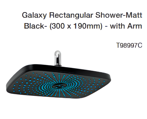 galaxy rectangular shower matt black (300 x 190mm) with arm